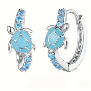 🐢✨ Sea Turtle Hoop Earrings Blue Enamel Crystal Huggie Earrings ✨🐢